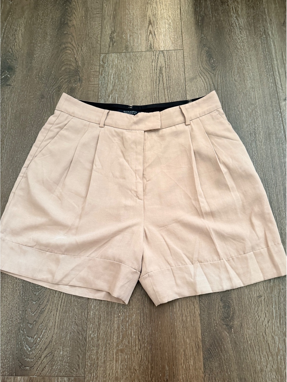 AllSaints Deri Lyn Pleated Shorts Tan Linen Lyocell Tailored, US 8